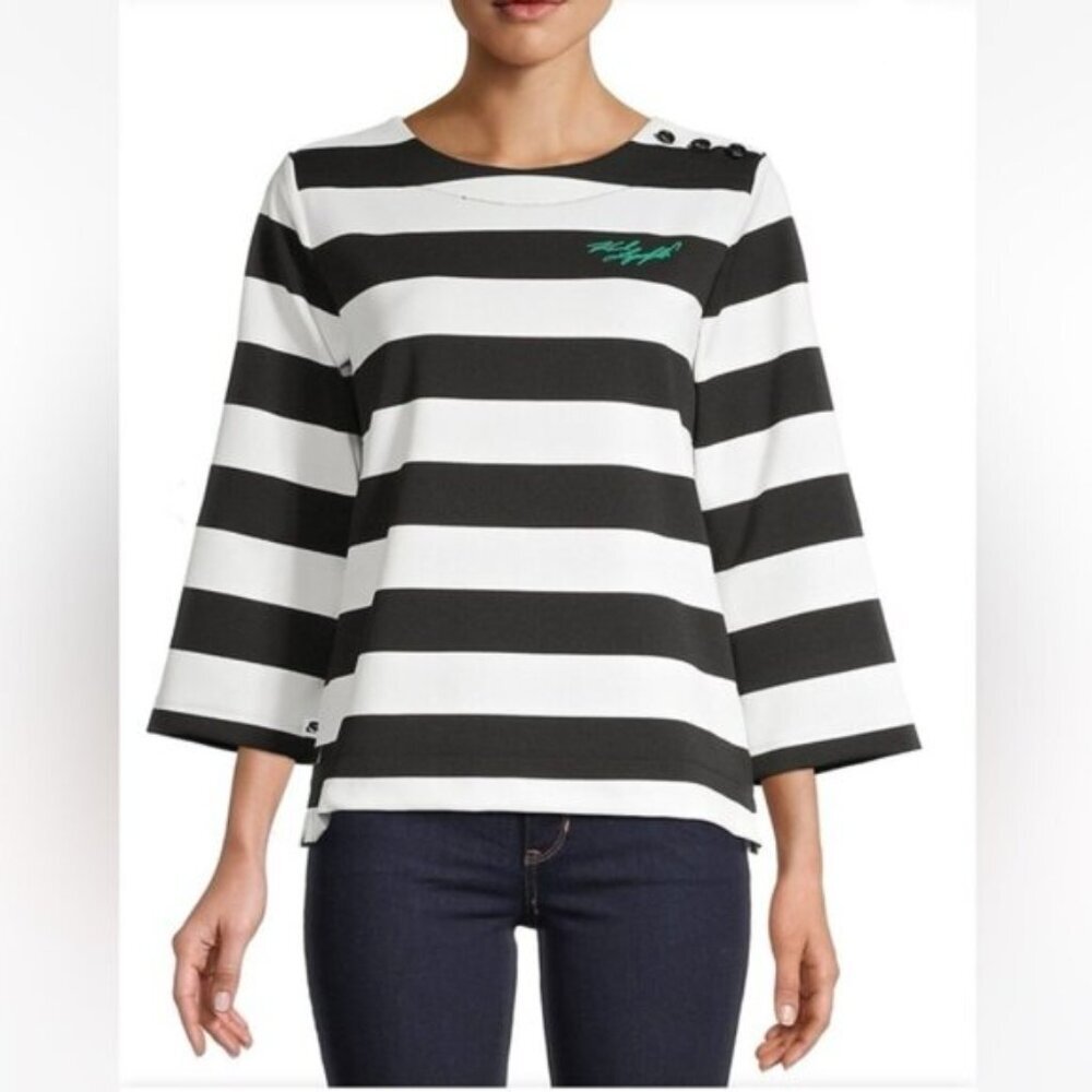 Karl Lagerfeld Paris Striped Pullover Top Wide Sleeves Crew Button Logo Tunic XL
